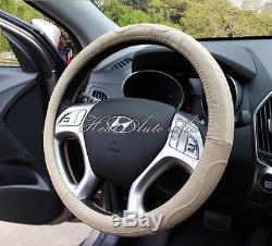 01#New Universal Fit Car Genuine Leather Steering Wheel Cover Wrap (Beige)