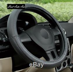 07#New Universal Fit Car Genuine Leather Steering Wheel Cover Wrap (Black-Small)
