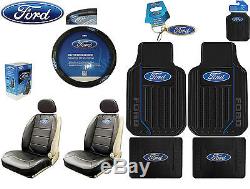 10 PC FORD ELITE SEAT COVERS FRONT/REAR RUBBER FLOOR MATS, STEERING WHEEL COVER