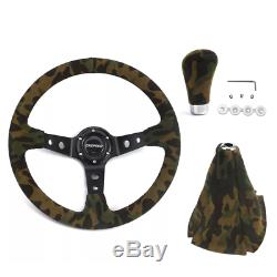 14'' 350MM 6 Bolt Steering Wheel Suede Leather Gear Shift Knob Cover Camouflage
