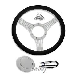 14 Billet Chrome Banjo Style Steering Wheel with Half Wrap Leather & Horn Button
