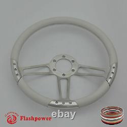 14 UNIVERSAL BILLET ALUMINUM 6 HOLE STEERING WHEEL With WHITE LEATHER WRAP