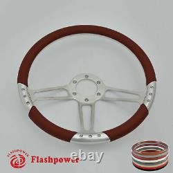 14 UNIVERSAL BILLET ALUMINUM 6 HOLE STEERING WHEEL With WHITE LEATHER WRAP