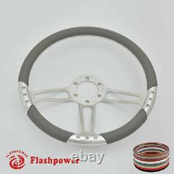 14 UNIVERSAL BILLET ALUMINUM 6 HOLE STEERING WHEEL With WHITE LEATHER WRAP