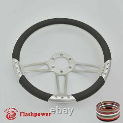 14 UNIVERSAL BILLET ALUMINUM 6 HOLE STEERING WHEEL With WHITE LEATHER WRAP