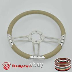 14 UNIVERSAL BILLET ALUMINUM 6 HOLE STEERING WHEEL With WHITE LEATHER WRAP