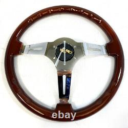 15 Chrome Steel Steering Wheel with Real Wood Full Wrap 6 Slots with Adaptor