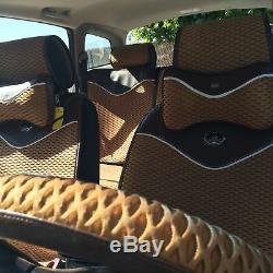 2016 Brown Car Seat Cover Steering Wheel Shift Knob Headrest Pillow Set 3D Style