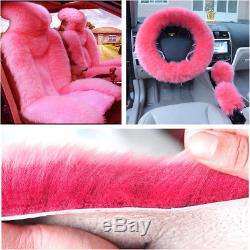 2x Car Seat Cover + 1x Steering Wheel Cover Winter Essential Universal Pink Wool