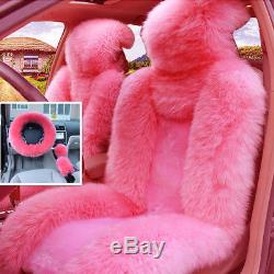 2x Front Car SUV Seat Covers + 1x Auto Steering Wheel Cover Winter Pink Fur Wool