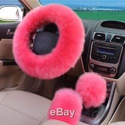 2x Front Car SUV Seat Covers + 1x Auto Steering Wheel Cover Winter Pink Fur Wool