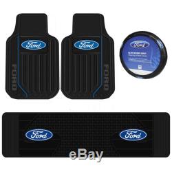 4 pc Ford Elite Black Heavy Duty Rubber Floor Mats Steering Wheel Cover New