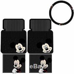 5PIECE MICKEY FACE FRONT & REAR RUBBER FLOOR MATS AND STEERING WHEEL COVER NEW