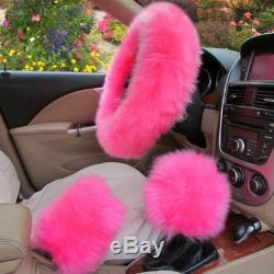 5Pcs Pink Wool Fur Car Front Seat Covers Steering Wheel Cover Winter Essential