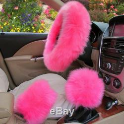 5Pcs Pink Wool Fur Car Seat Covers+Steering Wheel/Handbrake/Gear Shift Cover Kit