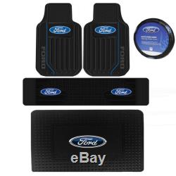 5pc Ford Elite Black Heavy Duty Rubber Floor Mats Cargo Steering Wheel Cover New
