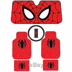 6 pc Marvel Spiderman Rubber Mats Steering Wheel Cover & Sun Shade Set Universal