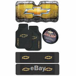 6pc Chevy Factory Black Yellow Rubber Floor Mats Steering Wheel Cover Sun Shade