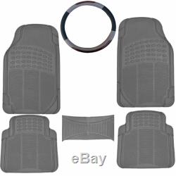 6pc Steering Wheel Cover & Gray Rubber All Weather Rubber Floor Mats Universal