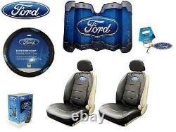 7 Pc Ford Elite Seat Covers Black Syn Leather & Steering Wheel Cover & Sun Shade