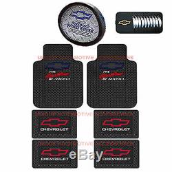 8pc Chevrolet Chevy Black Front & Rear Rubber Floor Mats, Steering Wheel Cover