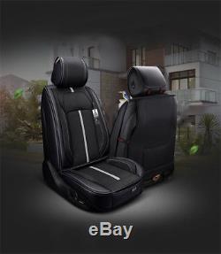Black PU Leather Linen Full Car Seat Steering Wheel Cover 5 Seats Cushion Pillow