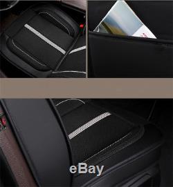 Black PU Leather Linen Full Car Seat Steering Wheel Cover 5 Seats Cushion Pillow