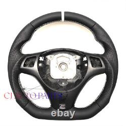 CAR Steering Wheel FOR BMW E90E92E82E87m3 black LEATHER WHITE ACCENT FLAT BOTTOM