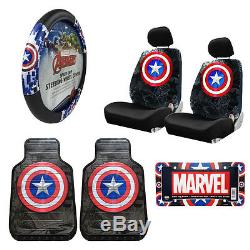 Captain America Car Truck Front Seat Covers Floor Mats Steering Wheel Cover Set