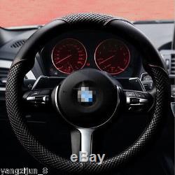 Car Steering Wheel Cover Black & Red Stitching PU Leather Universal 38cm 15inch