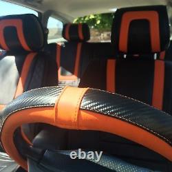 Carbon & Orange PVC Leather Car Seat Covers Steering Wheel Shift Knob Headrest