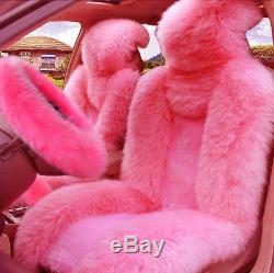 Comfortable 5Pcs Fur Pink Wool Furry Fluffy Thick Car Seat Steering Wheel Cover