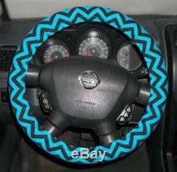 Custom Hand Made Steering Wheel Cover In Bright Turquoise & Black Chevron Print
