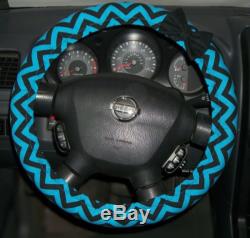Custom Hand Made Steering Wheel Cover In Bright Turquoise & Black Chevron Print
