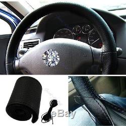 DIY Leather Car Auto Steering Wheel Cover With Needles and Thread Black M2