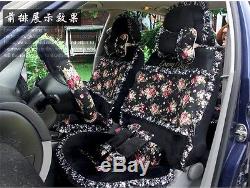 Fashion 21 PCs Black Lace Flower Car Seat Covers Steering Wheel Cover Bow Pillow