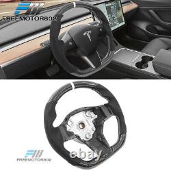 Fits 17-23 Tesla Model 3 Y Steering Wheel CF + Alcantara White Stitch With Stripe