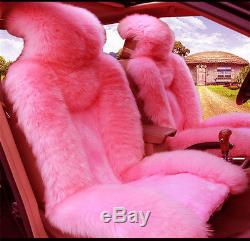Fur Car SUV Seat Cover+Steering Wheel Cover Winter Essential Universal Pink Wool