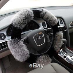 Genuine Merino Sheepskin Fox Fur Car Steering Wheel Cover 15 38CM Mercedes BMW