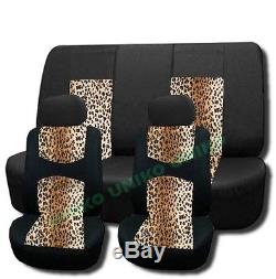 Leopard Mesh Seat Covers Set Classic Animal Print 11pc Steering Wheel Cover