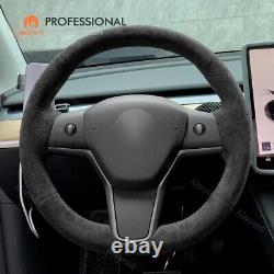 MEWANT Custom Stitch Dark Grey Alcantara Steering Wheel Cover for Tesla Model 3