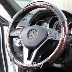 New 14.5 Dia Genuine Leather 7472 Brown Carbon Fiber Steering Wheel Cover