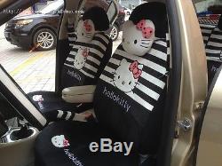 New 18 PCs Hello Kitty White Black Stripe Car Seat Covers Steering Wheel Cover