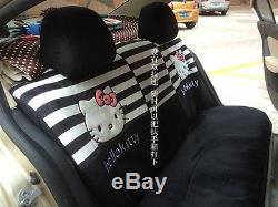 New 18 PCs Hello Kitty White Black Stripe Car Seat Covers Steering Wheel Cover