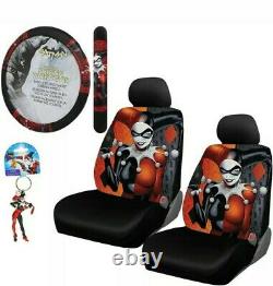 New 6pc Harley Quinn Car Seat Covers Steering Wheel Cover & Keychain Gift Set