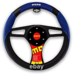 New MOMO Blue Black Car Steering Wheel Cover PU Leather Size M 14.5 15.5