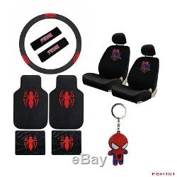 New Set Comics Superhero Spiderman Steering Wheel Cover Floor Mats Seat Covers