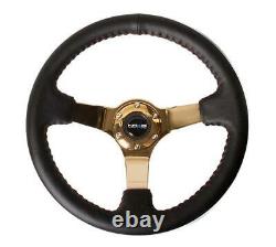 Nrg Reinforced 350mm 3deep Dish Leather Red Stitch Gold Spoke Steering Wheel