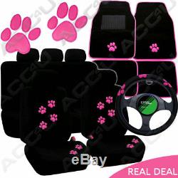 Pink Paw Black Mesh Design Car Seat Covers Set Mats Steering Wheel Cover Package