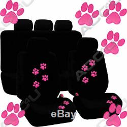 Pink Paw Black Mesh Design Car Seat Covers Set Mats Steering Wheel Cover Package